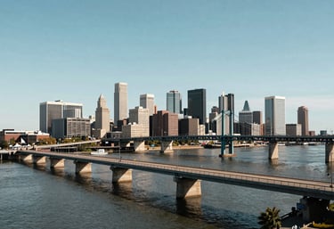 A wide-angle shot of a serene North American cityscape with a focus on bridges and infrastructure, symbolizing strategic connections and strong foundations.