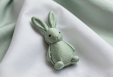 A macro shot of a textile rabbit charm. The style is minimalist and elegant, using muted sage green and white silk fabrics. The focus is on the handmade quality and the soft texture of the textile.