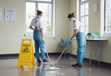 A professional cleaning crew carefully sanitizing a modern office workspace.