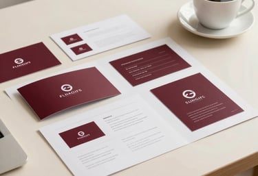 A minimalist studio desk with brand manual printouts and a cup of coffee. Warm natural lighting, cream and burgundy color palette, elegant and professional composition.
