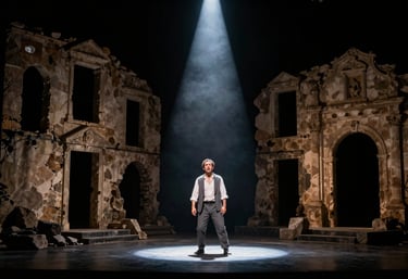 A dramatic stage scene with a solitary actor under a spotlight, surrounded by shadows and architectural ruins of a Southern European setting, theatrical and expressive.