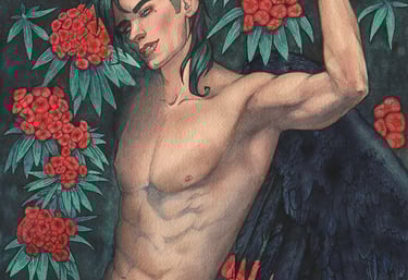 ritratto ali di demone e fiori ad acquerello