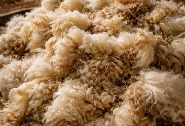 Primer plano de vellón de lana cruda en una caja de madera con ovejas en un fondo de granero rústico