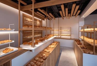 Pan y pasteles recién horneados exhibidos en estanterías modernas de madera dentro de una panadería