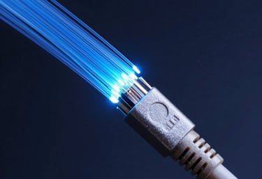 A macro, high-end photograph of glowing blue fiber optic cables against a dark navy background, symbolizing high-speed data security and integrity.