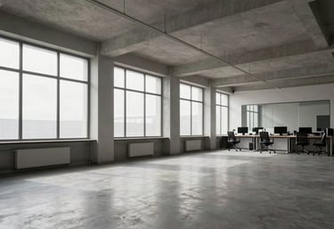 A wide-angle professional photograph of a clean, minimalist design studio with large windows and high ceilings, reflecting a modern creative work environment.
