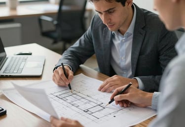 A professional at a desk reviewing architectural blueprints and registry documents in a light-filled Brazilian office, emphasizing expertise in property services.