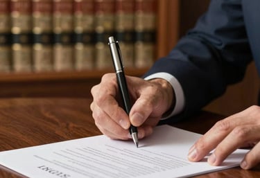 A high-quality photo of professional hands signing a document on a mahogany desk, with a blurred bookshelf containing legal volumes in the background.
