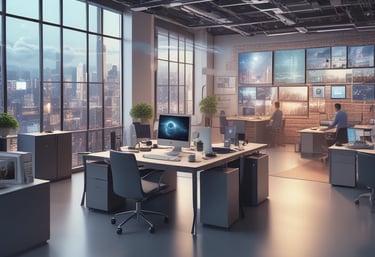 Modern office workspace with team collaborating on SaaS solutions.