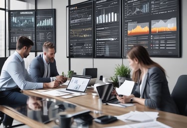 Modern office workspace with team collaborating on SaaS and ecommerce solutions.