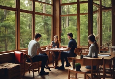 A calm office scene with professionals discussing international trade documents over a wooden table.