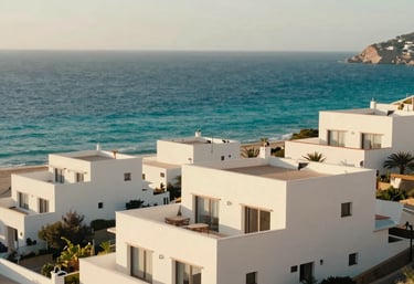 A beautiful coastal residential area in Spain with turquoise Mediterranean waters in the background and modern white villas. Soft morning light, inviting and premium feel.