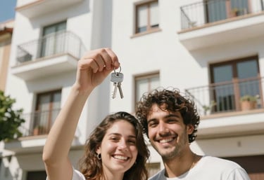 A happy young couple holding keys in front of a contemporary Spanish apartment building with bright white walls. Sunny day, joyful and successful atmosphere, Southern European / Spanish setting.