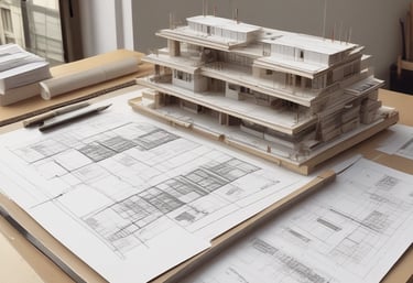 Modern office workspace with architectural blueprints and a laptop on a wooden desk.