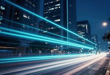 Abstract photography of glowing light trails in dark blue and cyan, representing high-speed data and connectivity in a modern Brazilian business district.