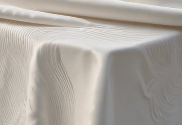 Soft white and pastel linens draped over tables, glowing warmly in natural light.