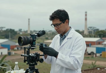An environmental scientist taking samples in a South American / Brazilian industrial area, using professional gear, muted slate blue and pale misty white tones.