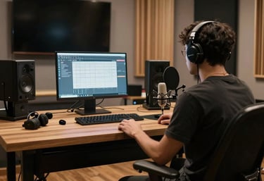 A cozy radio studio with microphones and glowing soundboards, capturing the essence of live bilingual broadcasting.