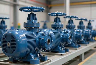 A row of modern, well-maintained industrial pumps and valves in a facility, colored in professional steel blue and light grey.