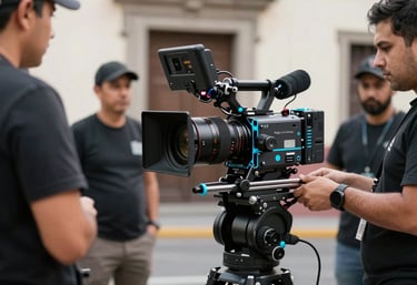 A cinematic shot of a professional video production set in Mexico City. North American / Mexican crew members are visible. Modern equipment with bright cyan and deep charcoal black accents.