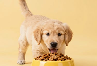 Smiling dog enjoying a bowl of freshly prepared food in a cozy kitchen setting.