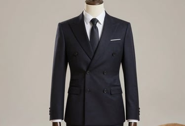 Fashion photography of a stylish roleplay costume with high-quality materials and sophisticated design. The composition is clean and modern, set against a neutral, luxurious studio background with golden sand lighting accents.