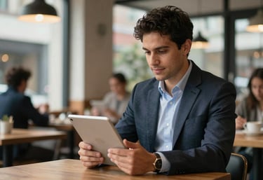 A successful North American entrepreneur in a smart-casual outfit, standing in a brightly lit urban cafe, looking confidently at a tablet.