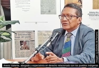Aresio Valiente, a Panamanian lawyer specializing in indigenous rights, speaking at a press conference.