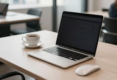 A high-tech, clean desk with a modern slim laptop and a cup of coffee. The environment is a professional co-working space in Lisbon, with soft lighting and an efficient vibe.
