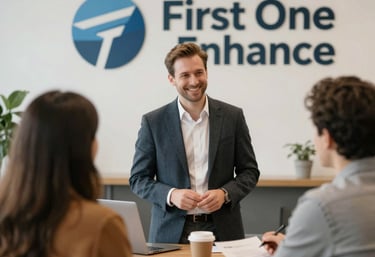 A confident advisor smiling while meeting with clients in a cozy office setting.