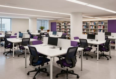 A clean, bright photograph of a modern tech-focused library or education center in the US, with rows of white desks and ergonomic chairs, featuring purple and dark blue decor.