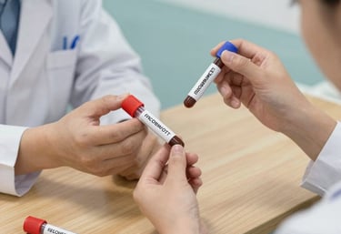 A friendly phlebotomist in uniform gently collecting a blood sample from a smiling patient at home.