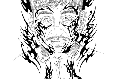 Black and white line art portrait of a man with bold tribal tattoos on his face and hands.