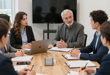 A team of experts from police and youth services collaborating in a modern office for prevention planning.