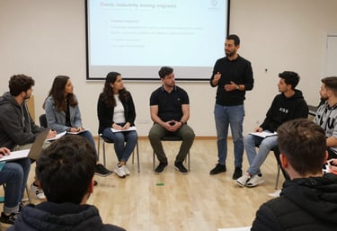 A workshop scene with diverse participants discussing conflict resolution strategies around a table.
