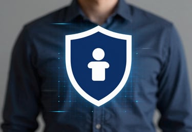 A conceptual image representing cybersecurity, featuring a digital shield icon over a glowing blue grid. Minimalist and sophisticated style using #1F3A4B.