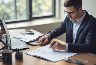 Business consultant reviewing company data with a client in a modern office.