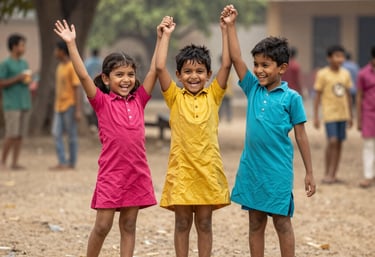 A group of volunteers warmly engaging with children in a rural Indian village.