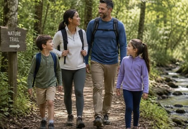 Family taking a nature walk, one of many free things to do with family while enjoying the outdoors.