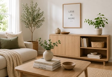 Minimalist living room with simple decor and organized spaces that support sustainable living.