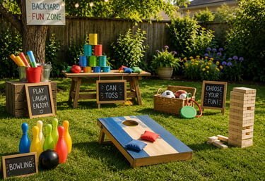 Examples of various games that can be played in the backyard such as bowling, bean bag toss, etc.