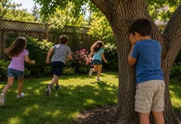 Kids playing hide and seek in the backyard.