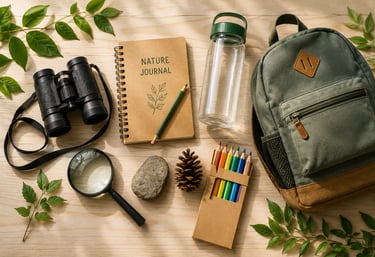 Supplies for exploring nature include binoculars, backpack, journal,, and a magnify glass.