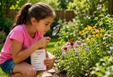 A girl looking through a magnifying glass at the flowers as part of a backyard scavenger hunt.