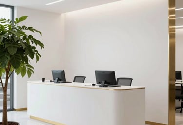 A clean, minimalist high-end learning hub interior with white walls, gold accents, and a large green plant. Global / Western.