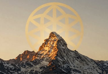 A high-altitude landscape of a serene mountain peak during golden hour, with a subtle golden geometric overlay of a flower of life, sophisticated and grand, Global / Western.