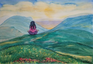 Aquarellgemälde einer meditierenden Person in einer Berglandschaft bei Sonnenaufgang – inspiriert vo
