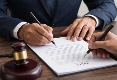 A professional portrait style photo of a Brazilian legal professional's hands signing an official document, emphasizing trust, commitment, and the finality of justice.