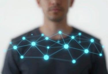 An abstract conceptual image of digital connectivity nodes and lines glowing in #7DA9CD and #3A6389 against a clean #F0F5F8 white background.