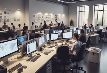 Photo of a dedicated team analyzing healthcare revenue data in a modern office.